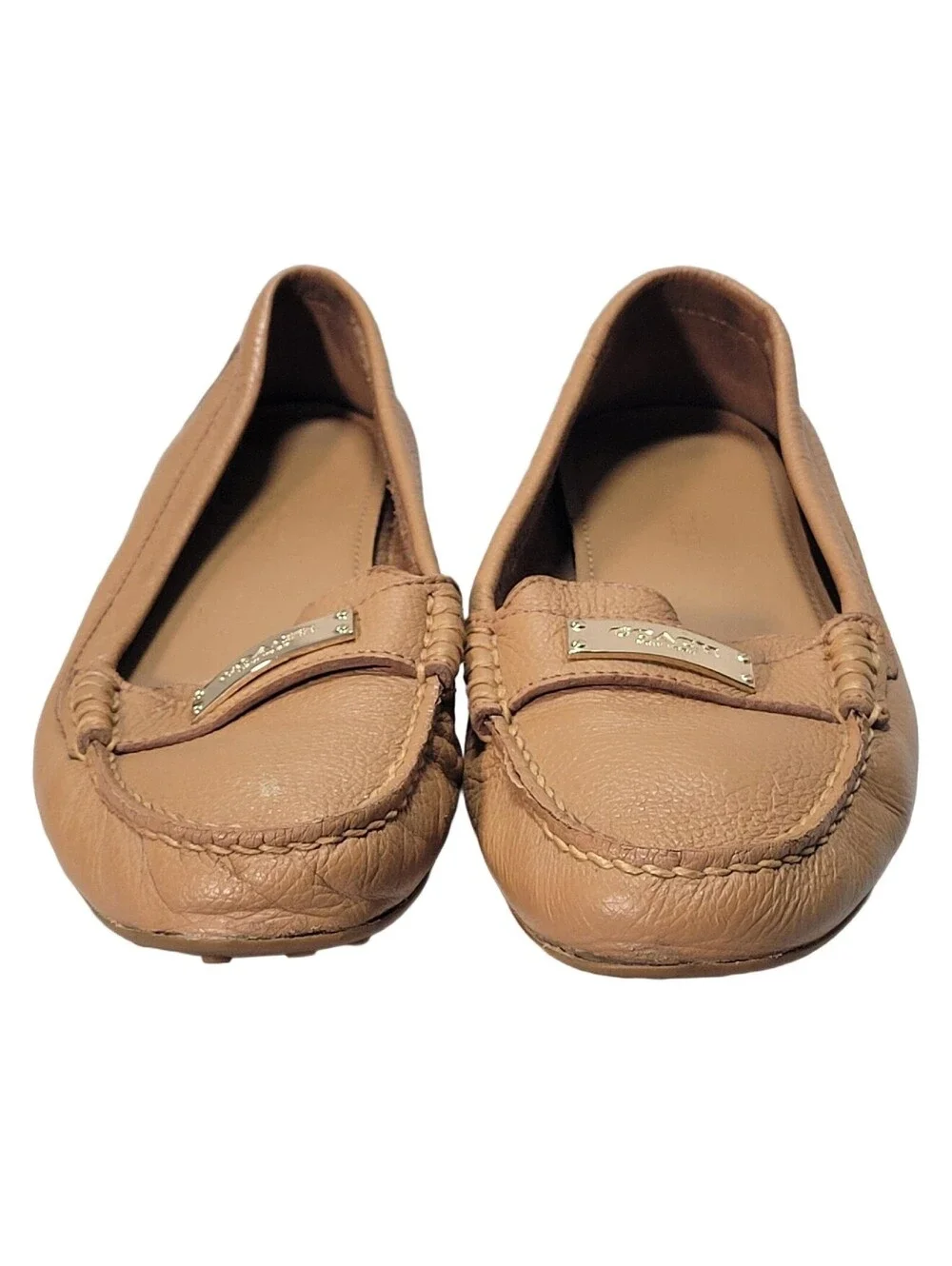 Coach Fredrica Loafers Women 8B Tan Leather Gold Logo Driving Moccasins A5175